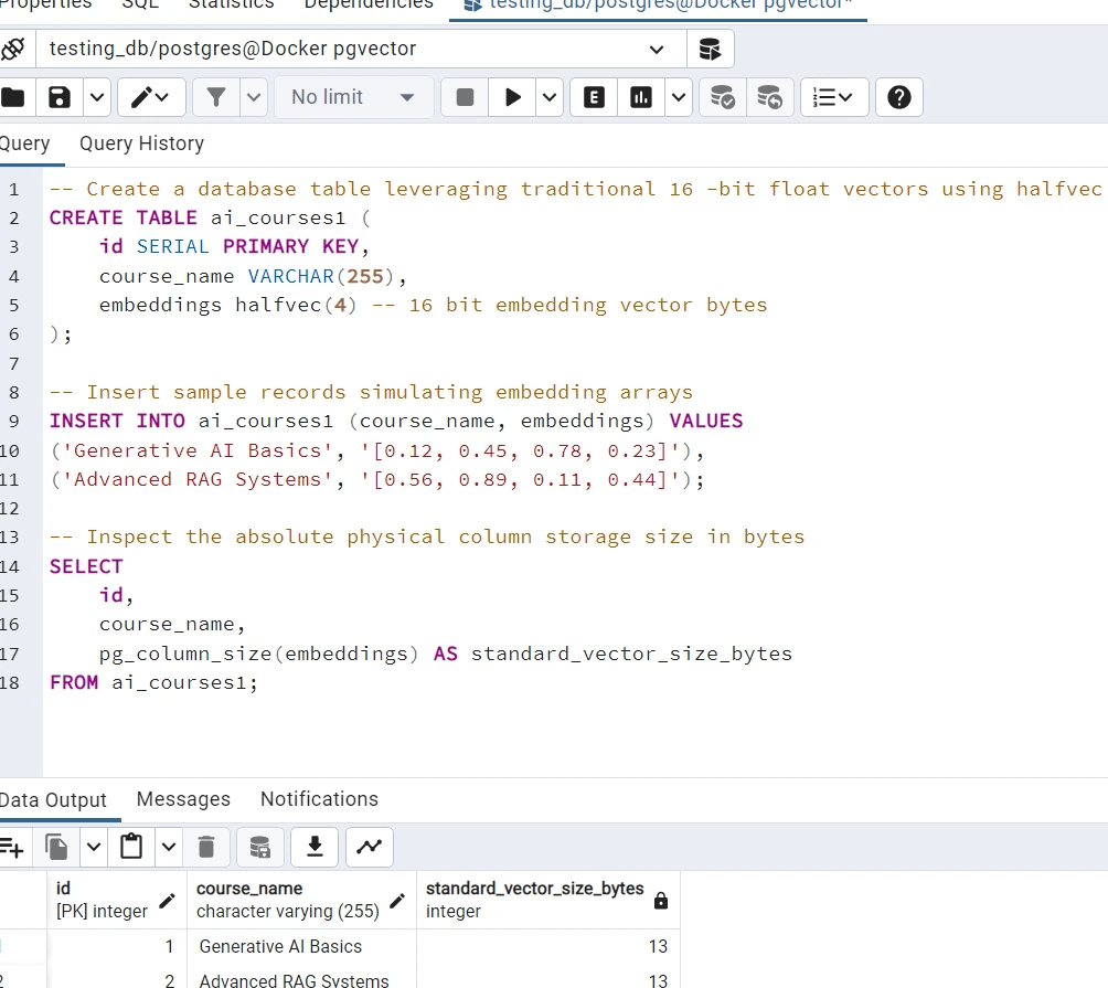implementing a halfvec embedding to reduce the embedding size 50% Vector quantization with halfvec